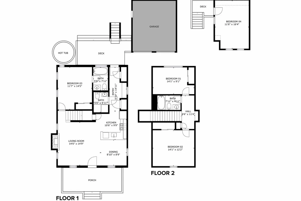An interior-to-exterior view that encompasses the living room, kitchen, dining area, and a glimpse of the deck with the hot tub outside. This perspective underscores the flow from indoor spaces to the inviting backyard amenities, suggesting how easily life extends outdoors for gatherings, relaxation, or morning coffee.