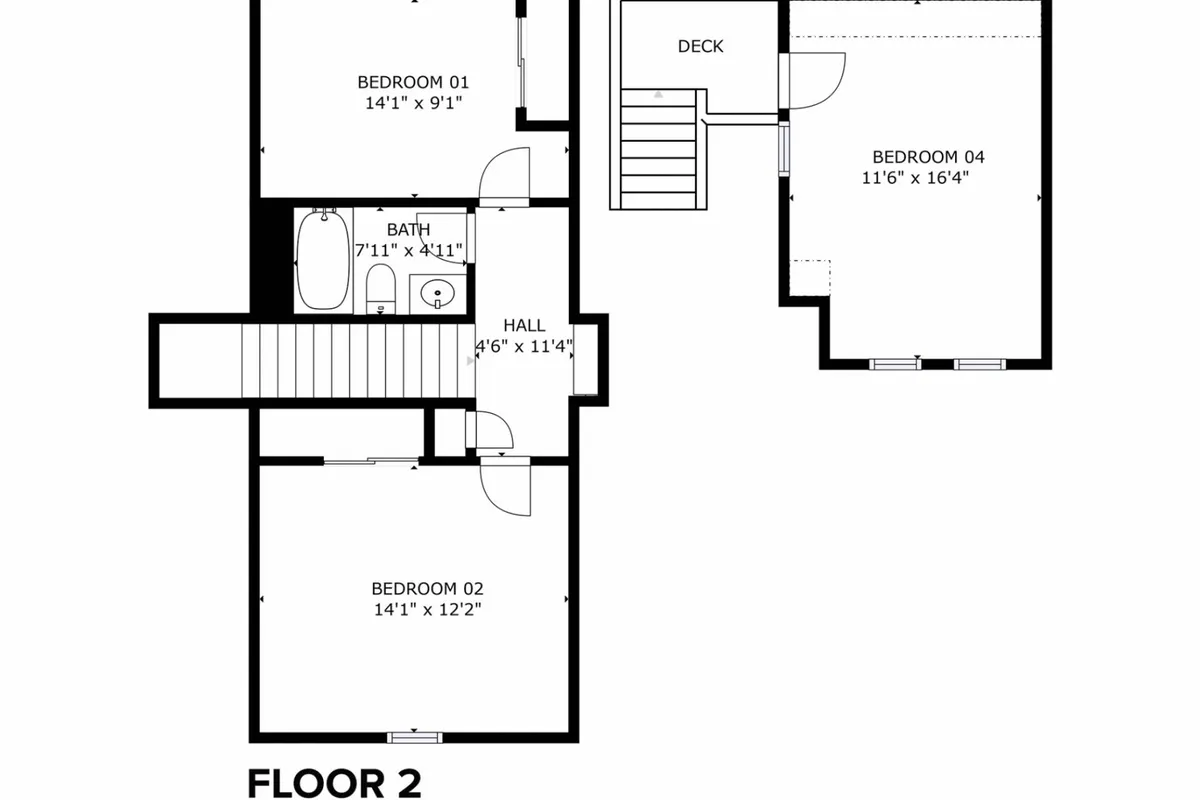 A sunlit view down a hallway connects cozy bedrooms to a deck area, suggesting access to the outdoors. The image hints at the seamless transition between interior comfort and outdoor relaxation, with morning light filling the space and inviting the viewer outside.